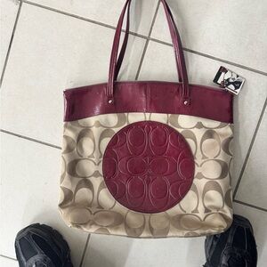 Coach Canvas Tote Bag - Burgundy and Tan